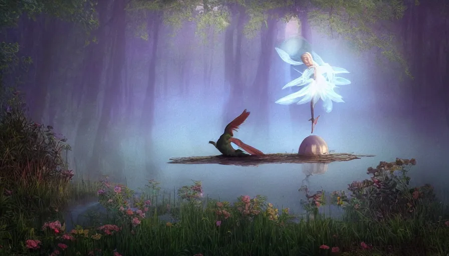 Prompt: a fairy riding a heron over a misty lake, ambient lighting, light bloom, cool lighting, in the style of Edward Robert Hughes!! and Over the Garden Wall!!!