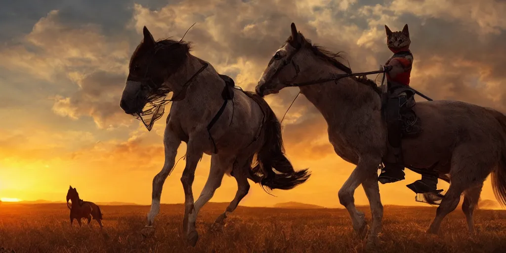 Image similar to cyborg cat rides a horse into the sunset, punished, war, hyperrealistic, sharp focus, award winning photo