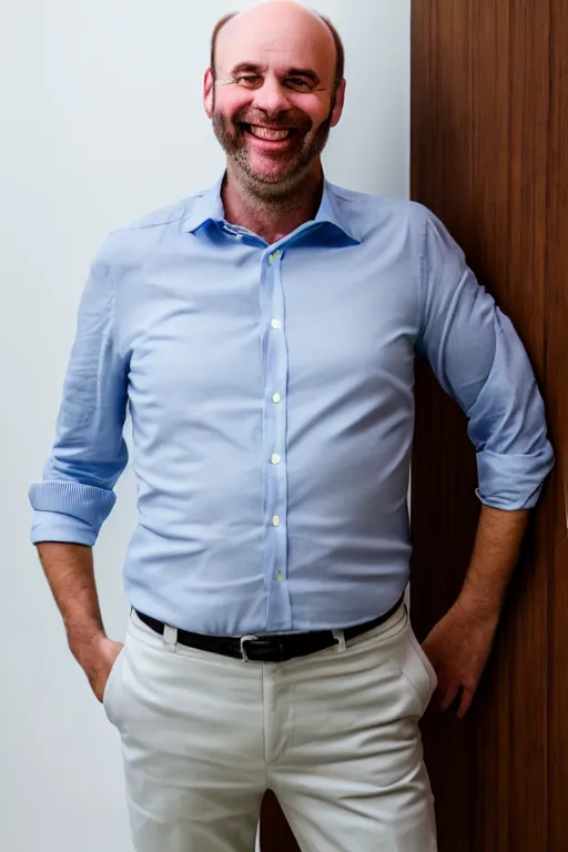 Prompt: full body color photograph of a balding, middle aged, brown haired, hairy, blue eyed, round faced, short white man who has thick legs, dressed in a white shirt, grey pants and black dress shoes, smiling at the camera with perfect, straight white teeth, full body portrait, head to toe