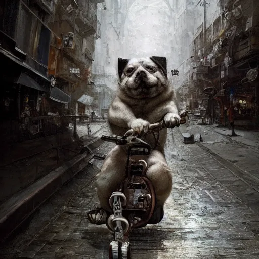 Image similar to morbidly obese dog riding a skateboard, illustration, full body, high quality, intricate details, details, craig mullins, intricate, atmosphere, highly detailed, matte painting, cinematic, deviantart, realistic, photorealistic, concept art