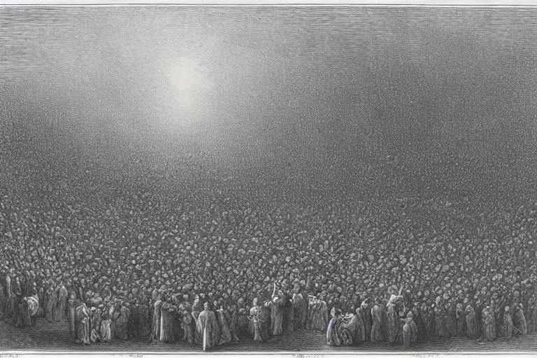 Prompt: aerial view, crowd of people looking up, Gustave Dore lithography