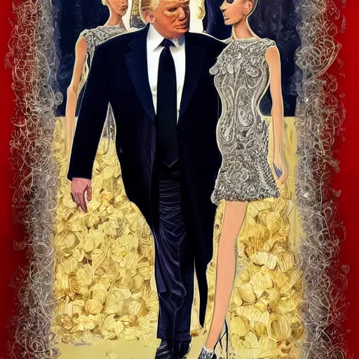 Prompt: Donald Trump wearing beautiful haute couture, intricate, elegant, highly detailed photo, artstation, concept art, smooth, sharp focus