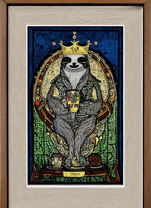 Prompt: sloth as the king of cups, framed, intricate details, medieval art style, high contrast, posterized
