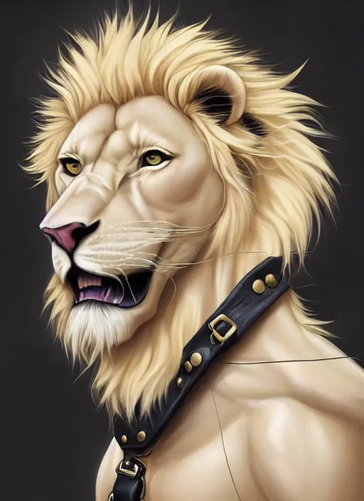 Image similar to aesthetic portrait commission of a of a male fully furry muscular anthro albino lion wearing attractive gay leather harness with a tail and a beautiful attractive hyperdetailed face at golden hour, safe for work (SFW). Character design by charlie bowater, ross tran, artgerm, and makoto shinkai, detailed, inked, western comic book art, 2021 award winning film poster painting