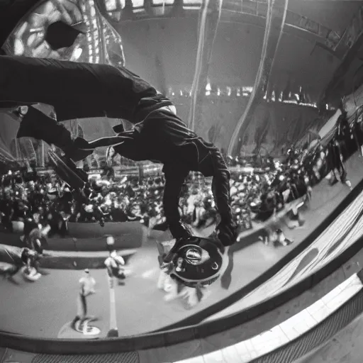Image similar to award winning close up, black and white only, photo of, Tony Hawk, skateboarding, doing the loop, in the 1986 vert contest, by J. Grant Brittain, Atiba Jefferson, C. R. Stecyk III, fisheye lens, detailed faces, detailed skateboard, 8k, sharp image, balanced composition