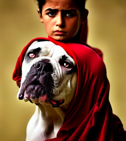 Image similar to portrait of american bulldog as afghan girl, green eyes and red scarf looking intently, photograph by steve mccurry