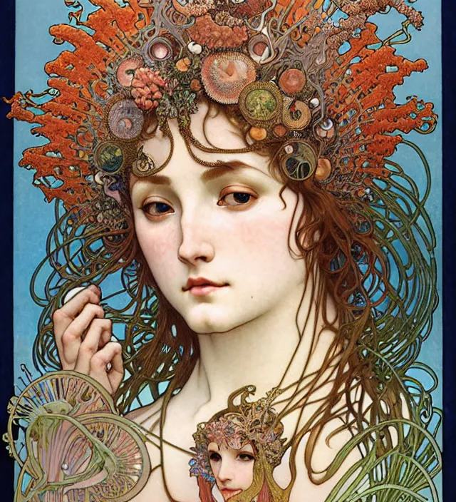 Prompt: realistic detailed face portrait of the goddess of the deep waters with an intricate headdress of corals, sea kelp, sea plants and fish, art by alphonse mucha, ayami kojima, amano, greg hildebrandt, mark brooks, and ernst haeckel, face in focus, art nouveau, neo - gothic, gothic, neoclassical,