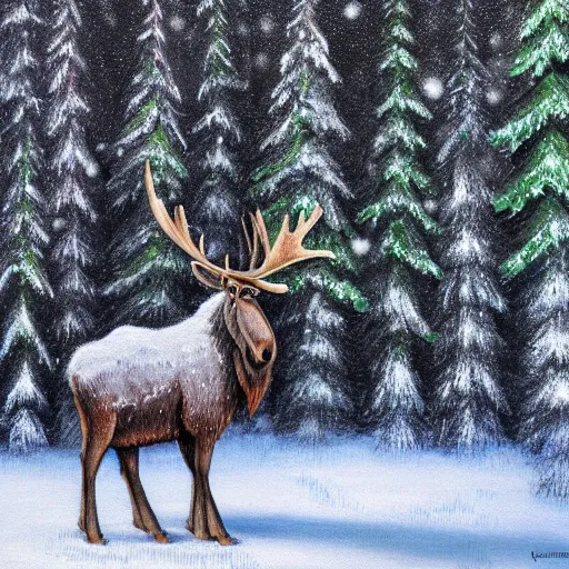 Prompt: cute fluffy moose standing in snowy winter forest landscape detailed painting 4k