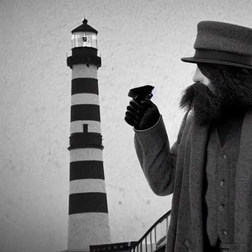 Image similar to Live Action Still of Jerma985 in a film as a Lighthouse Keeper with an overcoat, hat, and beard, black and white, hyperrealistic, ultra realistic, realistic, highly detailed, epic, HD quality, 8k resolution, body and headshot, film still