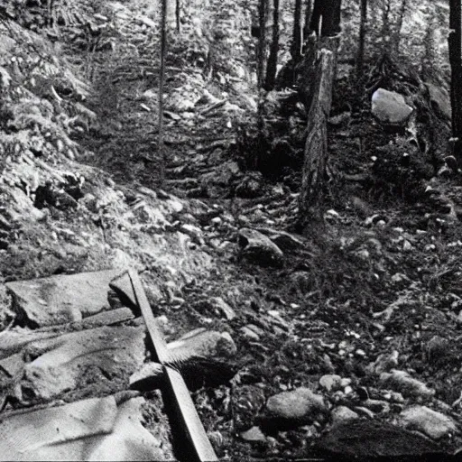 Prompt: A screen capture of found footage video left behind by a missing hiker in 1986