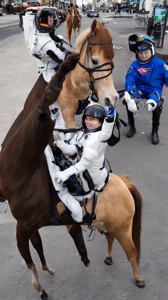 Prompt: a horse riding an astronaut, selfie, street photo