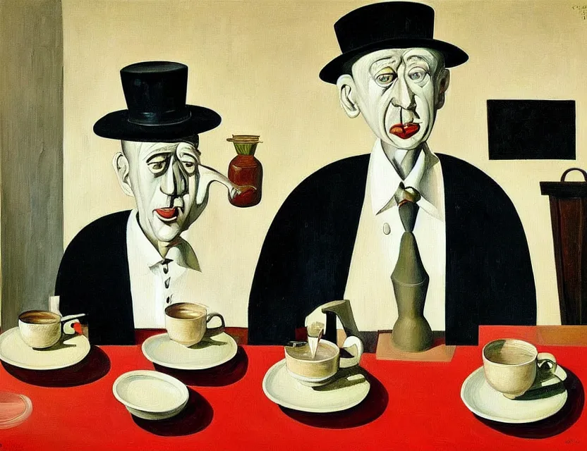 Image similar to a painting of a old and strange dusty professor in black suite and hat making a study of drinking 1 0 cups of black coffee in 5 seconds in a kitchen that is melting, styled and painted by giorgio de chirico