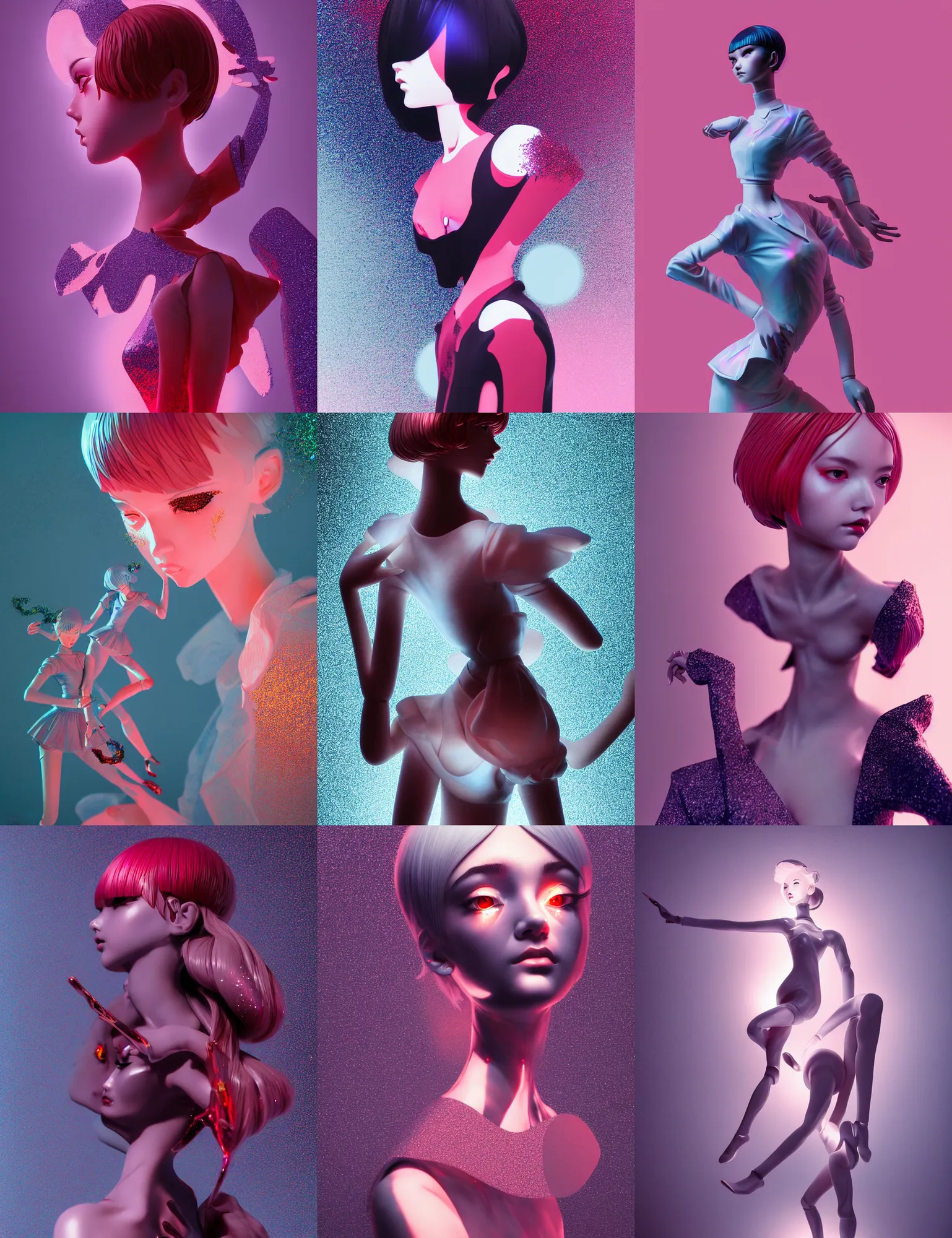 Prompt: james jean, ilya kuvshinov isolated fashion hairstyle vinyl figure, figure photography, dynamic moving pose, glitter accents on figure, holographic undertones, anime stylized, high detail, ethereal lighting, rim light, expert light effects on figure, sharp focus, impactful composition and glowing effects unreal engine, octane, editorial awarded design