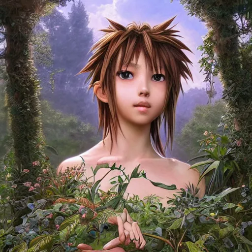 Image similar to intricate detailed portrait painting of sora from kingdom hearts a beautiful forest meadow, temple ruins surrounded by lush forest, afternoon, intricate, elegant, highly detailed, digital painting, sharp, focus, illustration art by artgerm and greg rutkowski and alphonse mucha