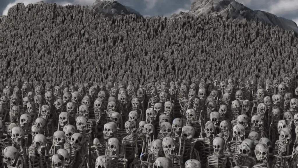 Image similar to army of skeletons In front of a mountain, cinematic,