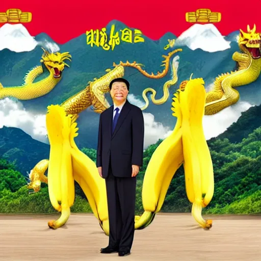 Image similar to Chinese president with bananas, dragon, mountains background, epic stance, battle