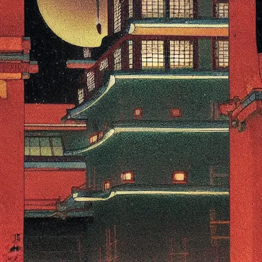 Image similar to a picture of a building that is lit up at night, an art deco painting by yoshida hanbei, spirited away, hayao miyazaki, pinterest, 1 9 9 0 s, 1 9 7 0 s