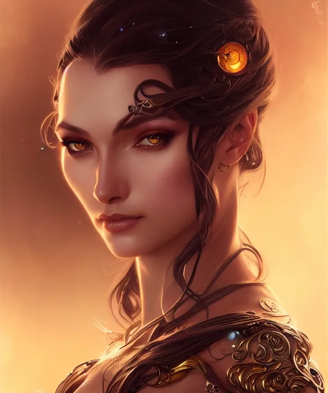 Image similar to fantasy magic woman portrait, sci-fi, amber eyes, face, long hair, fantasy, intricate, elegant, highly detailed, digital painting, artstation, concept art, smooth, sharp focus, illustration, art by artgerm and greg rutkowski and alphonse mucha