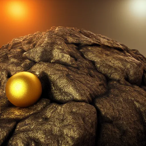 Image similar to a golden rock on top of a pile of normal rocks, octane render, dramatic lighting