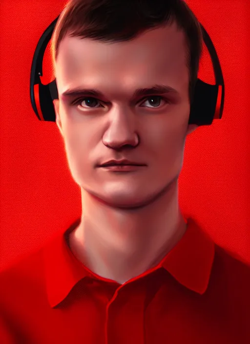 Image similar to portrait of vitalik buterin with hazel eyes, hazel colored eyes, red shirt, headphones, intricate, elegant, glowing lights, highly detailed, digital painting, artstation, concept art, smooth, sharp focus, illustration, art by wlop, mars ravelo and greg rutkowski