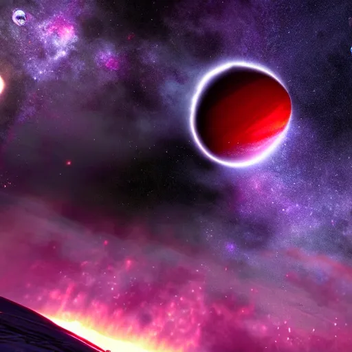 Prompt: The grand ending of an ominous era outside an exoplanet in space with a clear view of a spiral galaxy in splashes of red, purple and dark blue in unreal engine S- 69