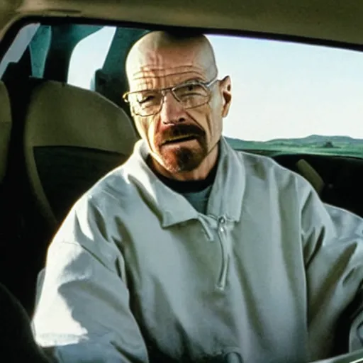 Image similar to Mid shot photo of Walter White driving a tank