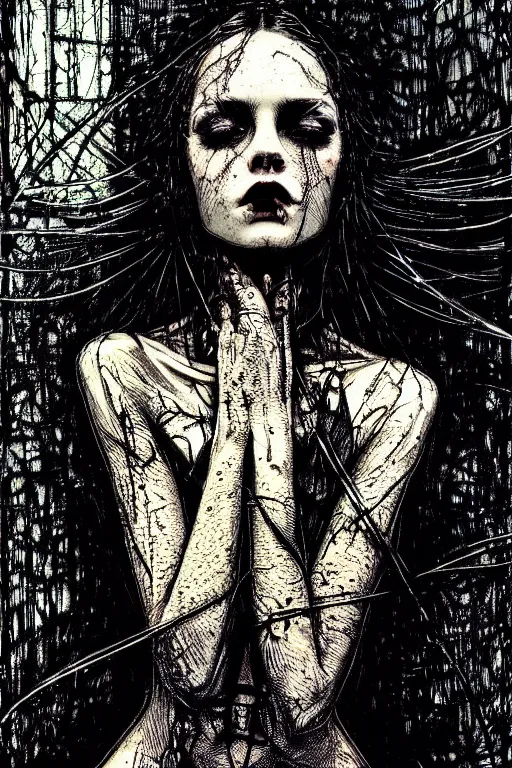 Image similar to dreamy gothic girl, black leather slim clothes, needles, beautiful body, detailed acrylic, grunge, intricate complexity, by dan mumford and by alberto giacometti, peter lindbergh