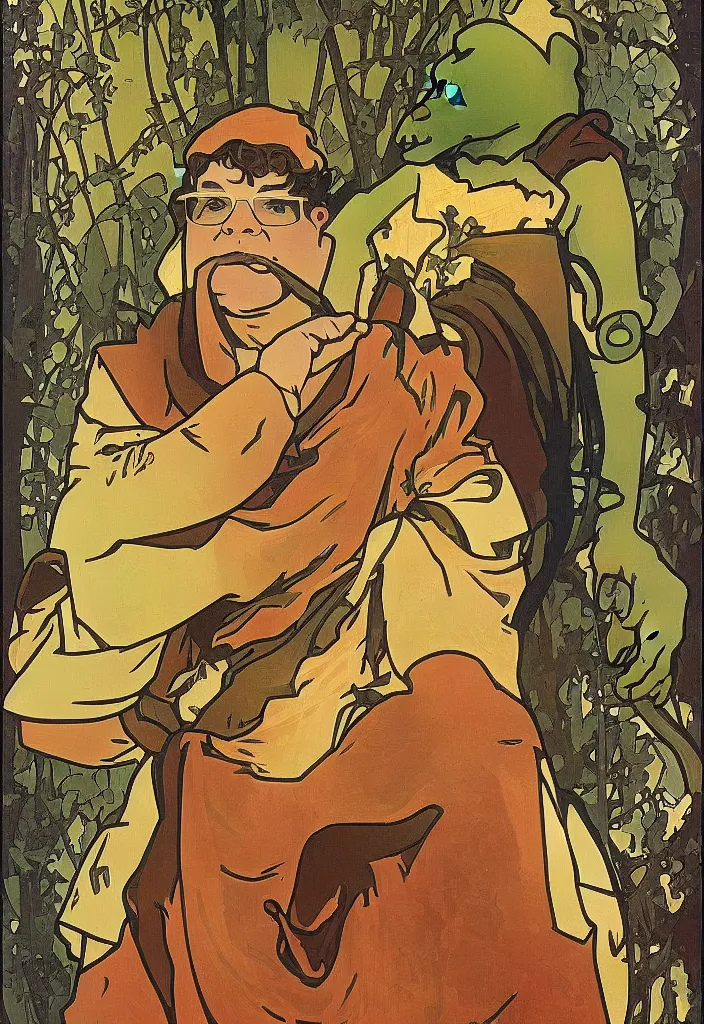 Image similar to yann lecun as shrek, in art style by alphonse mucha