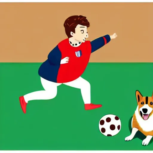 Image similar to illustration of french boy in paris playing football against a corgi, the corgi is wearing a polka dot scarf