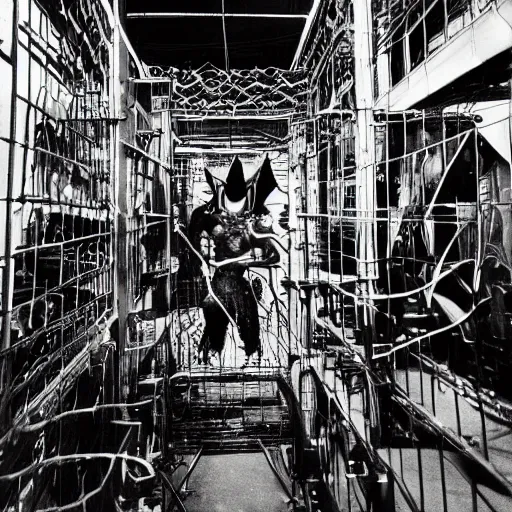 Image similar to scientists studying quetzalcoatl locked in a cage in a warehouse, 1 9 6 0's sci - fi, black and white, 8 k, highly ornate intricate details, extreme detail, punk xerox