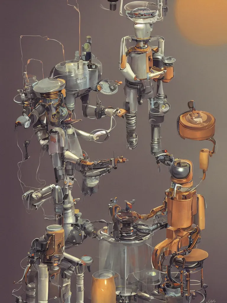 Image similar to half-length portrait of my friendly empatic robot offering a cup of fresh steaming coffee, by Simon Stalenhaag, by Yoshita Amano, by Esao Andrews, sharp focus, fresh colors, diviantart