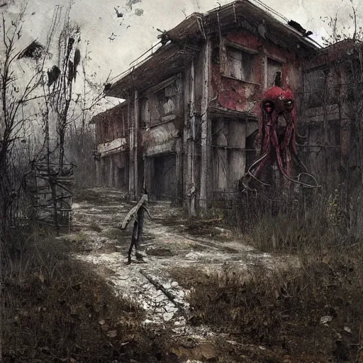 Image similar to painting of a abandoned post soviet town infested with humanoid root monsters by jakub rozalski