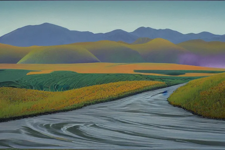 Image similar to Landscape painting. Wild energy patterns rippling in all directions. Curves, zig-zags. Organic. Mountains. Clouds. Vegetation. Rushing water. Waves. LSD. Wayne Thiebaud