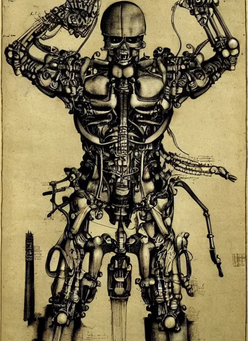 Image similar to cyborg cybernetic exoskeleton by Albrecht Dürer