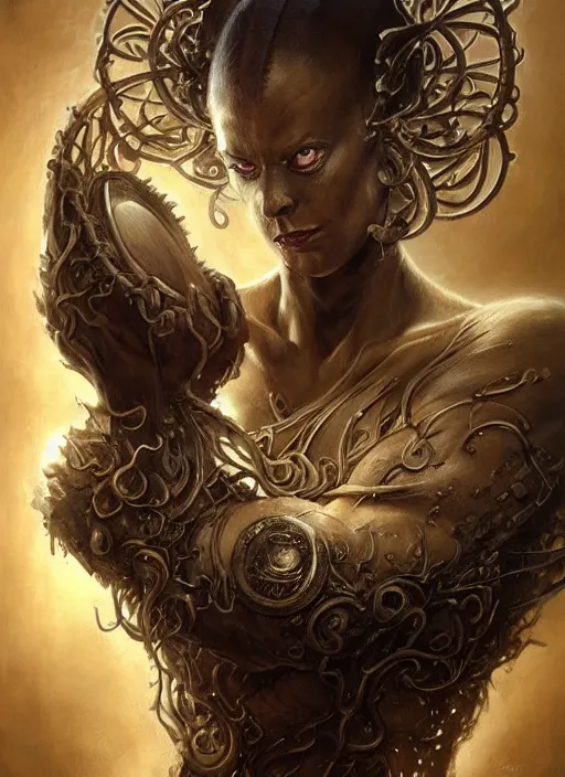 Prompt: full portrait of dunkmaster, black metal shiny skin. intricate, elegant, highly detailed, centered, digital painting, artstation, concept art, smooth, sharp focus, illustration, artgerm, tomasz alen kopera, peter mohrbacher, donato giancola, joseph christian leyendecker, wlop, frank frazetta