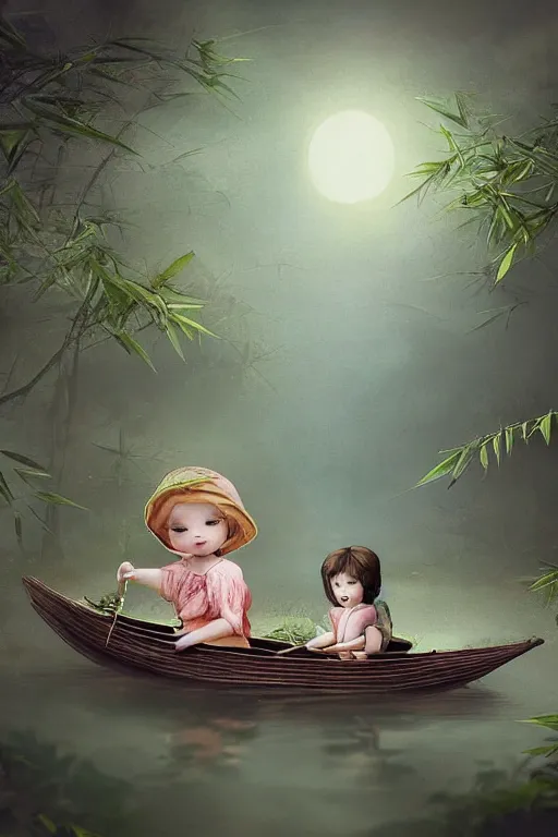 Prompt: a cute little girl with her puppy in a small bamboo boat, realistic facial features, renaissance ambience, moonlit night dreamy atmosphere, highly detailed twigs and plants in the forest, bioluminiscent butterflies in the fog in a bokeh background, deep colors, photorealistic digital arts, smooth and rich color scheme, artstation, 8K