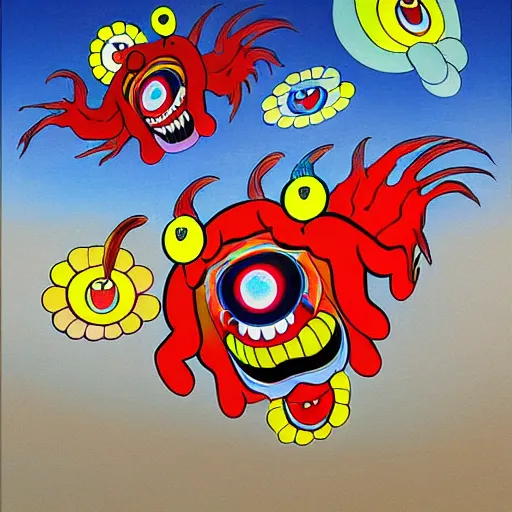 Image similar to Three bright red demons flying up from a desert canyon in the style of Takashi Murakami, highly detailed