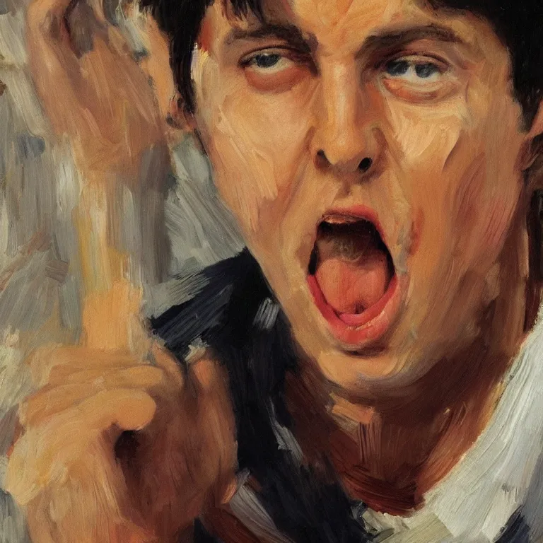 Prompt: warmly lit close up studio portrait of young furiously angry!! Paul McCartney in 1965 angrily singing, impasto oil painting thick brushstrokes by Lucian Freud and Cy Twombly and Tim Hawkinson , trending on artstation dramatic lighting Expressionism