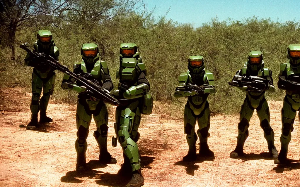 Prompt: a team of five people in dark green tactical gear like halo, look at an oasis in the distance. They 're afraid. dusty, red, mid day, heat shimmering, color, 35mm film