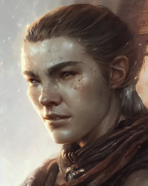 Image similar to the elder scrolls vi, charismatic rugged female nord warrior portrait, illustration, rim light, top light, perfectly shaded, soft painting, art by ross tran, krenz cushart and wenjun lin
