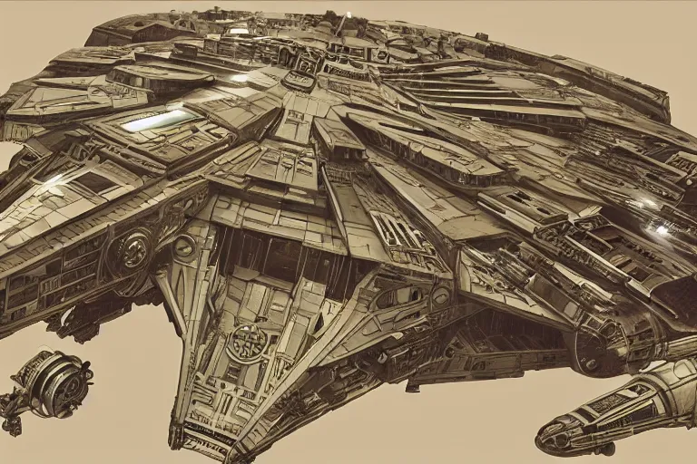 Image similar to the millenium falcon built from organic components, soft, sharp focus, detailed, sci-fi, hyperrealism, concept art by artgerm and Alphonse Mucha and Moebius