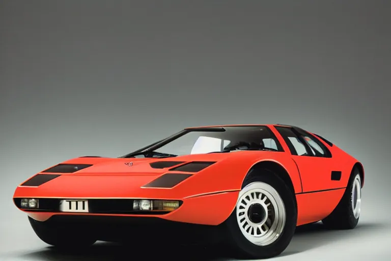 Image similar to designed by Giorgetto Giugiaro stylized poser of a single, in-frame, 1973 Miura Citroen DM BMW M1 (McLaren F1) DeLorean, thick neon lights, ektachrome photograph, volumetric lighting, f8 aperture, cinematic Eastman 5384 film