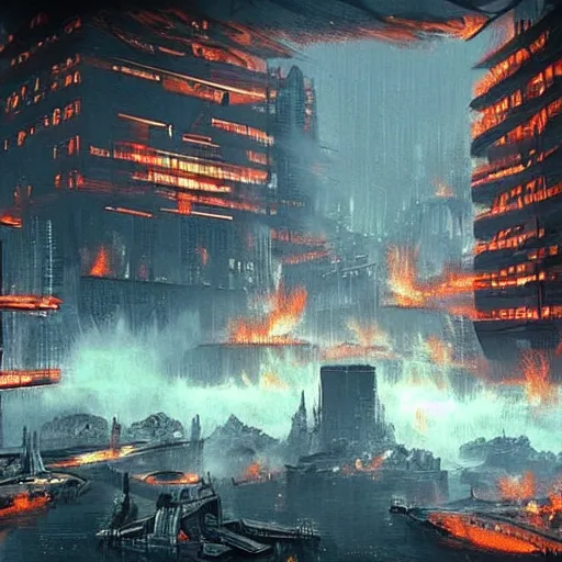 Prompt: a beutiful river across a destroyed distopian cyberverse city burning to ashes