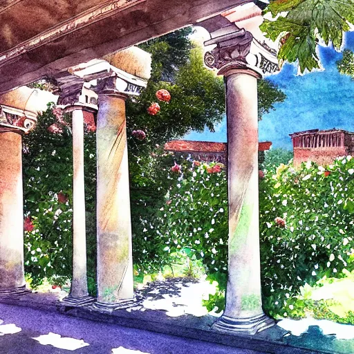 Prompt: delicate garden on paper floating puffy vines botanical herbarium botanic watercolors iridescent 8 k wide angle realistic artstation italian rainbow colonnade oak pine liberty architecture pompeii