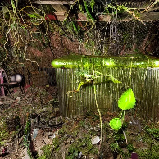 Image similar to abandoned, overgrown, underground bunker. giant mutated carnivorous plants, venus fly trap, pitcher plant, sundew plant.