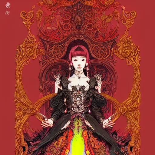 Image similar to jisoo + blackpink + elements + red + gold + neon + baroque + rococo + white + orange + ink + tarot card, ornate + by marc simonetti, paul pope, peter mohrbacher, detailed, intricate ink illustration + damask + award winning + 8 k