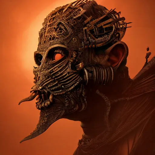 Image similar to Very very very very highly detailed epic photo of demonic face with venetian mask, intricate, dystopian, sci-fi, extremely detailed, digital painting, artstation, concept art, smooth, sharp focus, illustration, intimidating lighting, incredible art by Anton Pieck, Octane render in Maya and Houdini VFX