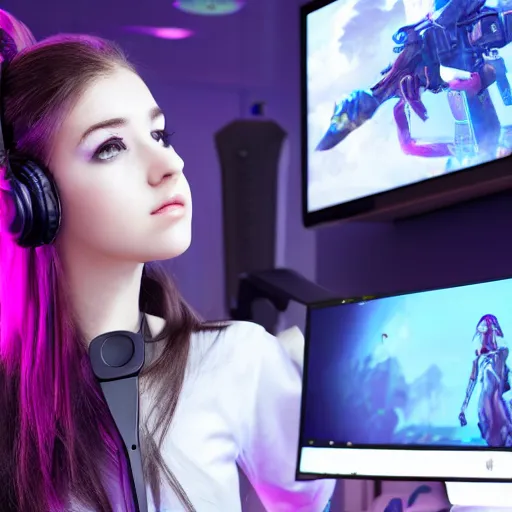 Image similar to beautiful gamer girl twitch streamer in a e - girl clothing looking at the monitor, ultra - hd, hcl, volumetric lighting, detailed and intricate environment, trending on twitch