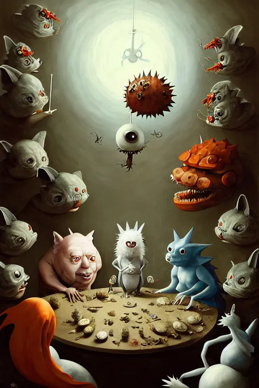 Prompt: hieronymus bosch, greg rutkowski, anna podedworna, painting of two white haired catgirls, a small fat blue godzilla, a pickle in a suit and tie, a cybernetic fox woman, a woman with one eye, a small hedgehog, a man with a shrimp for a head, all laughing at a vampire clown with red hair