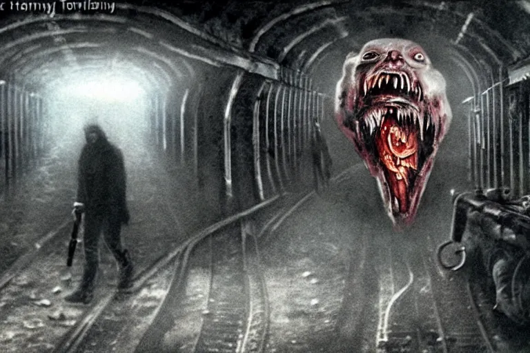 Image similar to very large giant mutant zombie irradiated ( angry rat ) staying on railways in tonnel of moscow subway. tonnel, railways, giant angry rat, furr, fangs, claws, very realistic. fog, extreme long shot, herman nitsch, giger.